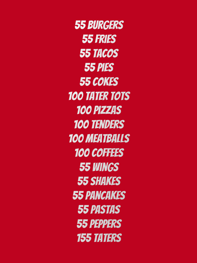 55 burgers 55 fries 55 tacos 55 pies 55 cokes 100 tater tots 100 pizzas 100 tenders 100 meatballs 100 coffees 55 wings 55 shakes 55 pancakes 55 pastas 55 peppers 155 taters