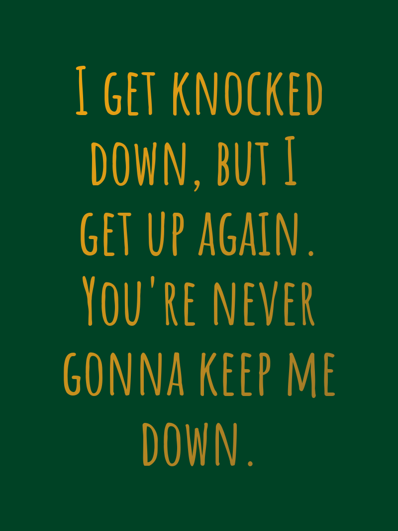 I get knocked down, but I get up again. You're never gonna keep me down.