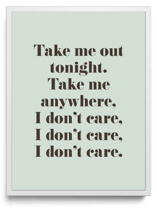 Take me out tonight Take me anywhere I dont care I dont care I dont care framed typographic print