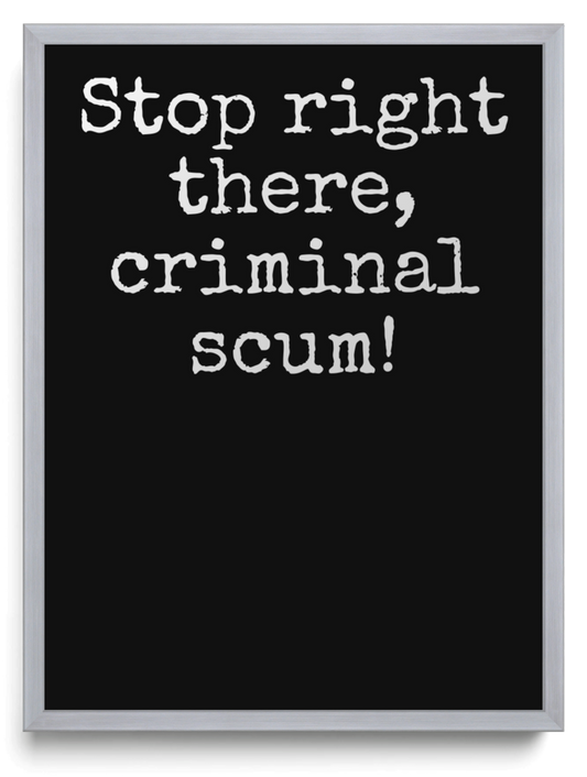 Stop right there criminal scum framed typographic print